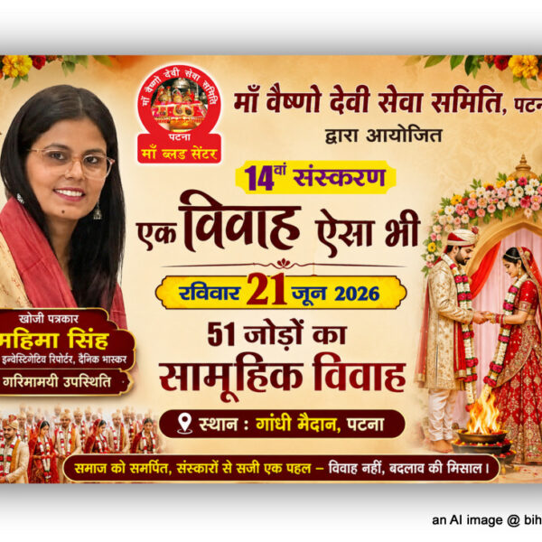 पटना में 21 जून को होगा 51 जोड़ों का सामूहिक विवाह, खोजी पत्रकार महिमा सिंह की गरिमामयी उपस्थिति